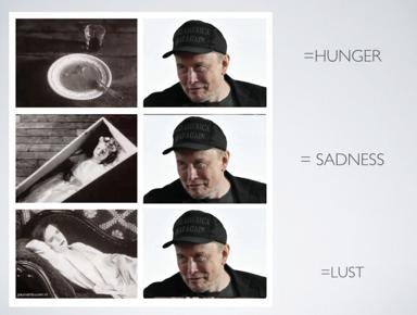 Six-panel Kuleshov effect meme: three identical portraits paired with art-cinema stills to demonstrate how the same face is "reinterpreted" as hunger, sadness, or lust through juxtaposition.