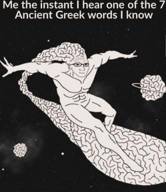 A nerdy intellectual figure wearing glasses rides a serpentine brain like a cosmic surfer through a starfield, illustrating the dopamine rush of recognizing rare ancient Greek vocabulary.