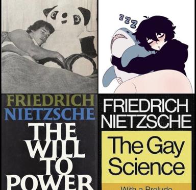 Nietzsche book-cover meme: left = classical photo with doodles, right = anime art, both captioned with irreverent altered titles mocking philosophical authority.
