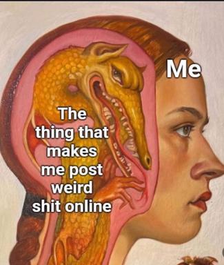 Medieval anatomical diagram with fish-brain mind-map: the intrusive impulse to post weird content online visualized as an anatomical replacement, deadpan self-roast.