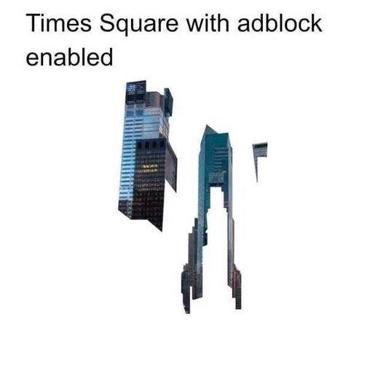 Times Square with adblock enabled—NYC skyline fragments into a glitching architectural figure, a deadpan joke on ad-free internet aesthetics.