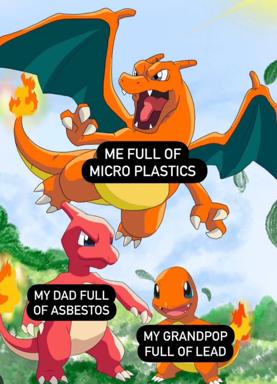 Three Pokémon generations inherit escalating environmental toxins in this dark-humour meme about generational pollution exposure.