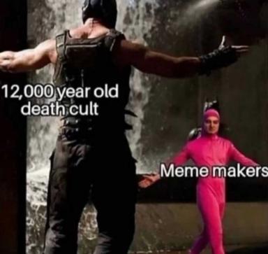 A figure in bright pink defeat-stands opposite a dark warrior: absurdist internet commentary on the agelessness of meme culture itself.