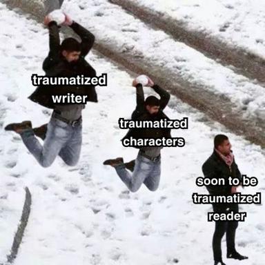 Three people in an snowy field arranged to illustrate the cascade of trauma in literary writing: the writer inflicts suffering on characters, who will inflict it on readers.