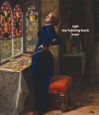 Medieval prayer scene overlaid with contemporary complaint — a figure in blue before stained glass windows, physical discomfort cutting through reverent space.