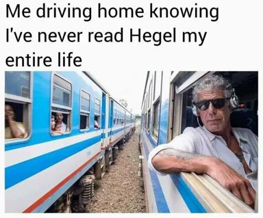 Academic overconfidence: a man feigns philosophical gravitas while driving past Hegel's gap in the canon—the ultimate millennial flex of unread continental theory.