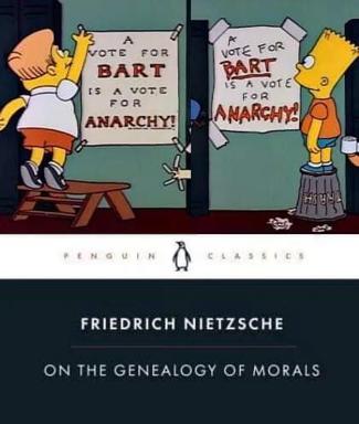 Simpsons characters holding anarchist signs paired with Nietzsche's *On the Genealogy of Morals* — popular culture meets continental philosophy.
