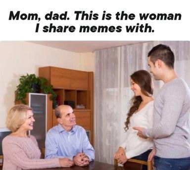 A young man introduces his girlfriend to his parents with the deadpan line "This is the woman I share memes with"—capturing how internet culture has quietly redefined intimacy.