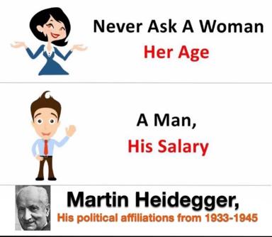 A joke meme contrasting unspoken social rules with the permissible scholarly question about Martin Heidegger's Nazi past.