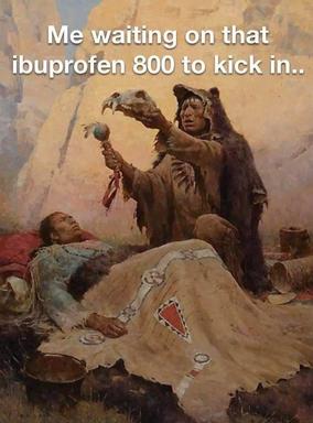 Waiting for ibuprofen to kick in: a 19th-century academic painting of folk ritual repurposed to express millennial impatience for medication to work.