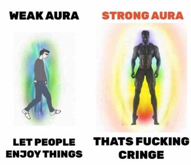 A side-by-side comparison meme contrasting a man in casual clothes with weak aura energy to a shirtless bodybuilder with intense aura, with text stating the difference is about not being cringey.