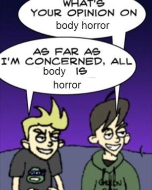 Two cartoon figures share a deadpan philosophical agreement that existence itself is fundamentally grotesque — rendered in ironic 1980s comic style.