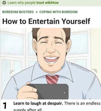wikiHow meme: a grinning man in business casual holds a phone with the caption "Learn to laugh at despair. There is an endless supply after all."