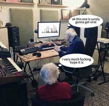 Two elderly musicians at a home studio express competing hope and cynicism about their track going viral, perfectly capturing the generational discord between optimism and algorithmic reality.