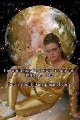 Woman in gold dress seated before a massive moon, declaring cosmic resilience with bathroom humour.