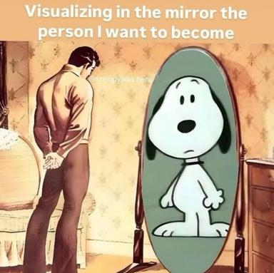 Self-visualization meme contrasting aspirational gym gains (realistic male figure) with actual self-perception (sad Snoopy in hoodie).