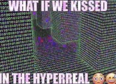 Y2K digital romantic absurdism: two figures kissing in a neon wireframe hyperreal tunnel, rendered in early-2000s aesthetic with motivational-poster typography and reaction emojis.