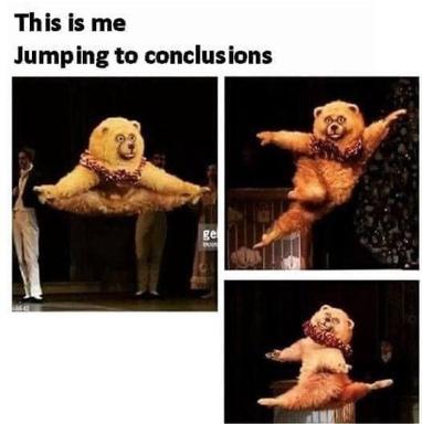 A dog in a sequined outfit performs exaggerated theatrical poses to literalize the phrase "jumping to conclusions" — a visual metaphor for hasty judgment.