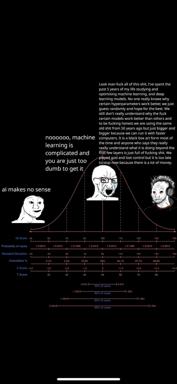 Bell-curve meme about machine learning comprehension: the smartest person is the angriest, ranting about black-box models and meaningless hyperparameter tuning.