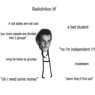Stick-figure Raskolnikov surrounded by contradictory self-justifications and neuroses—a literary character-study meme.