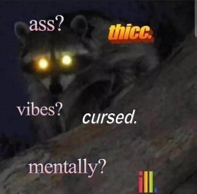 Dark creature with glowing eyes, introspective meme text about mental state and emotional wellness phrased as cynical responses; pride flag at bottom.