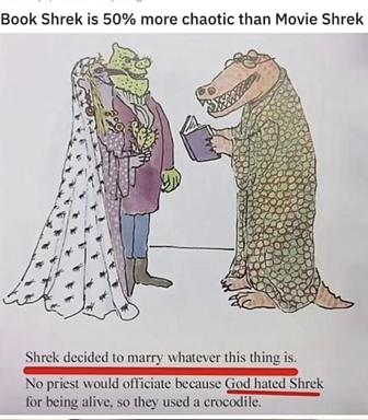 A comparison meme showing that the literary Shrek is more chaotic than the film version, with an absurdist joke about a crocodile officiant at Shrek's wedding.