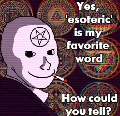 Skull with pentagram forehead and cigarette against psychedelic mandalas, claiming "esoteric" is a personality trait.