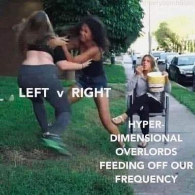 Political left vs right fighting while unseen hyperdimensional forces feed on collective distraction—a satirical take on how petty partisan conflict obscures the real powers at play.