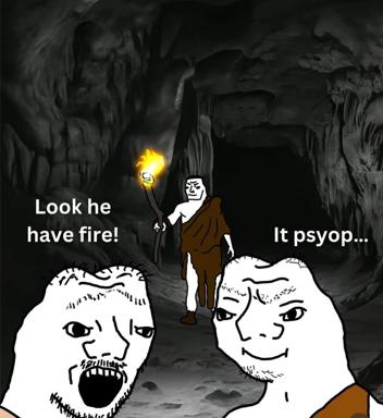 Caveman confusion meme: one shows a torch, another dismisses it as psychosomatic — conflating discovery with overanalysis.