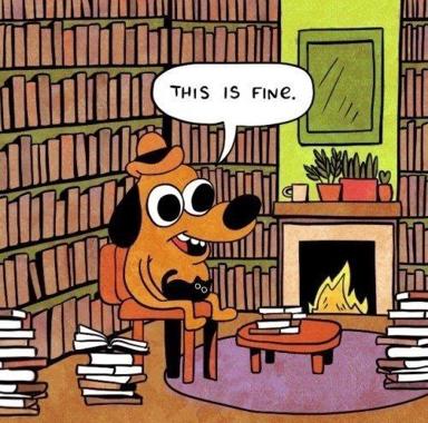 The "This is fine" dog repurposed as a literary self-portrait: surrounded by burning book stacks in a cozy library, declaring acceptance amid chaos.