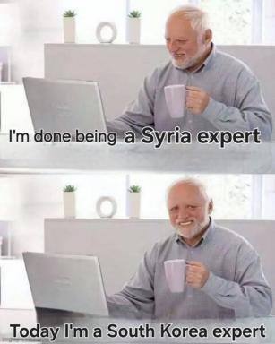 An older man at his home office desk pivots from burnout on one global crisis to instant expertise on another—a two-panel meme about the exhausting speed of online geopolitical commentary.