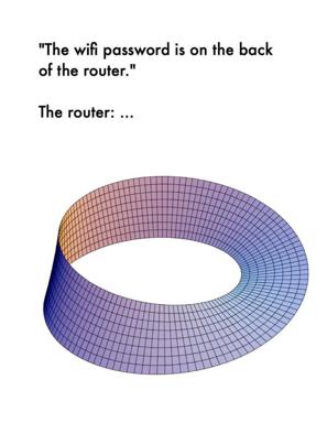 3D torus render mocking the instruction "wifi password is on the back of the router" — punched by a router with no back to speak of.