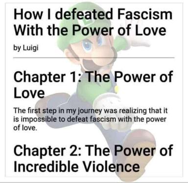 Luigi holds court as author of a fake self-help book that starts with love-conquers-all wisdom, then pivots to celebrating extreme violence in chapter two.