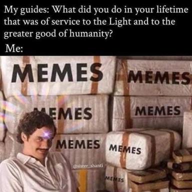 A spiritual judgment scenario met with cheerful dedication to meme creation: "My guides: What did you do in your lifetime that was of service to the Light and to the greater good of humanity? Me:" followed by a person grinning amid stacked boxes labeled "MEMES".