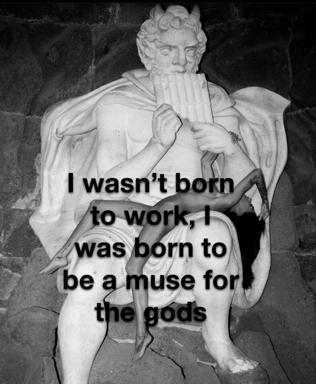 Classical marble statue of a musician reframed as existential resistance — a muse rejects capitalist labor.