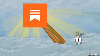 An absurdist meme showing a tiny winged figure standing on clouds as a massive bookmark icon descends from the sky like divine intervention—a visual metaphor for the failure of willpower in the face of daily choices.