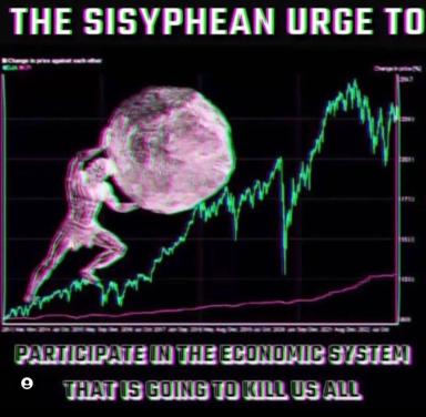 A figure in neon magenta and cyan strains to push an enormous boulder uphill across a stock-market price chart, illustrating the absurdity of economic participation in a doomed system.