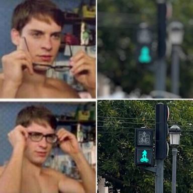 Two-panel macro: a young man putting on glasses and gaining clarity, paired with a neon cyan cyclist traffic signal. A joke about suddenly noticing mobility options that were there all along.