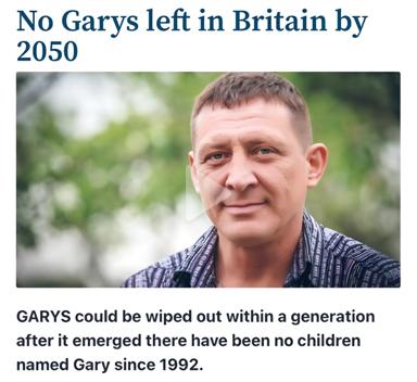 A demographic-collapse meme predicting the extinction of the name Gary in Britain by 2050, since no children have been named Gary since 1992. The portrait of a middle-aged man serves as the punchline vehicle.