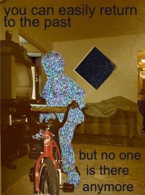 A glitched figure on a child's red bicycle in a yellow-toned room, riding toward a nostalgic past no one inhabits anymore—temporal longing rendered as digital decay.