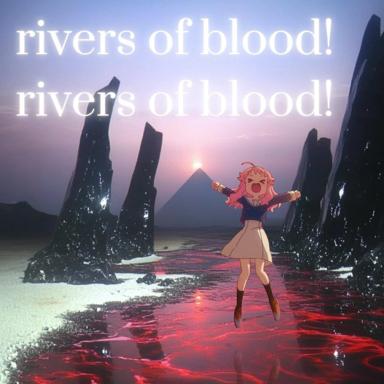 Anime character triumphing in a nightmarish landscape flooded with red; victory moment stylized as dark fantasy.