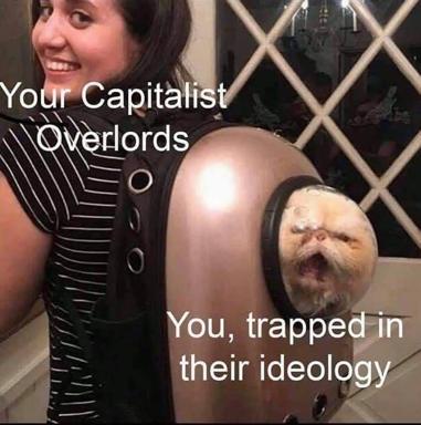 Three-panel meme about capitalist ideology as entrapment: overlords (left) observe the subject (right) distorted and confined within an inescapable sphere of ideology.