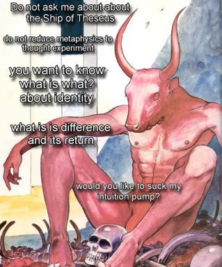 Philosophical meme: a demonic figure dismisses identity politics with increasingly absurd metaphysical questions ending in crude innuendo.