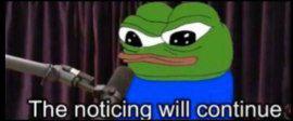 Pepe the Frog at what appears to be a theater or dramatic event, declaring continuity with dry indifference. A defiant shrug emoji in reptilian form.