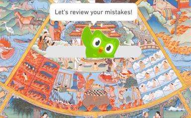 Duolingo's owl faces you with "Let's review your mistakes!" superimposed over a densely populated panoramic Tang Dynasty or medieval East Asian court scene — the owl's cheerful gaze undercuts the gravity of institutional error review.