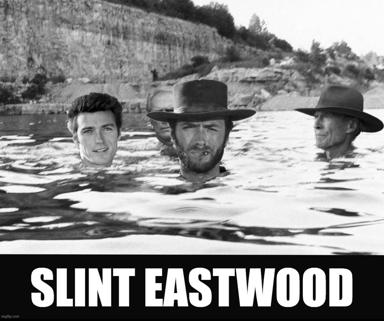 Three disembodied heads of spaghetti-western actors floating in murky water, reinterpreting "spaghetti western" as a literal landscape.