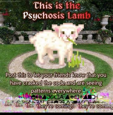Pixelated lamb in a formal garden with text joking about seeing patterns everywhere and perceiving threats ("they're coming").
