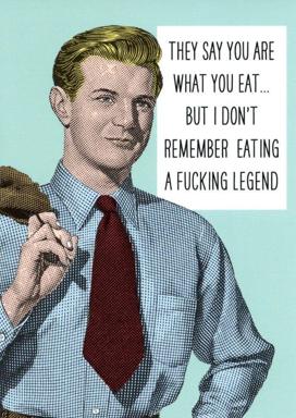 Retro advertisement aesthetic male figure with halftone printing; profanity-laced absurdist braggadocio about self-worth and memory.