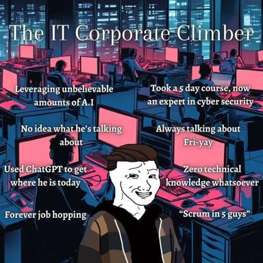 Synthwave office meme satirizing the bootcamp-to-bullshit pipeline: a confident nobody bluffs technical expertise using ChatGPT and buzzwords, oblivious to his own incompetence.
