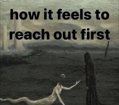 A skeletal figure reaches across a grey wasteland toward a distant silhouette—the anxiety of emotional vulnerability made physical.